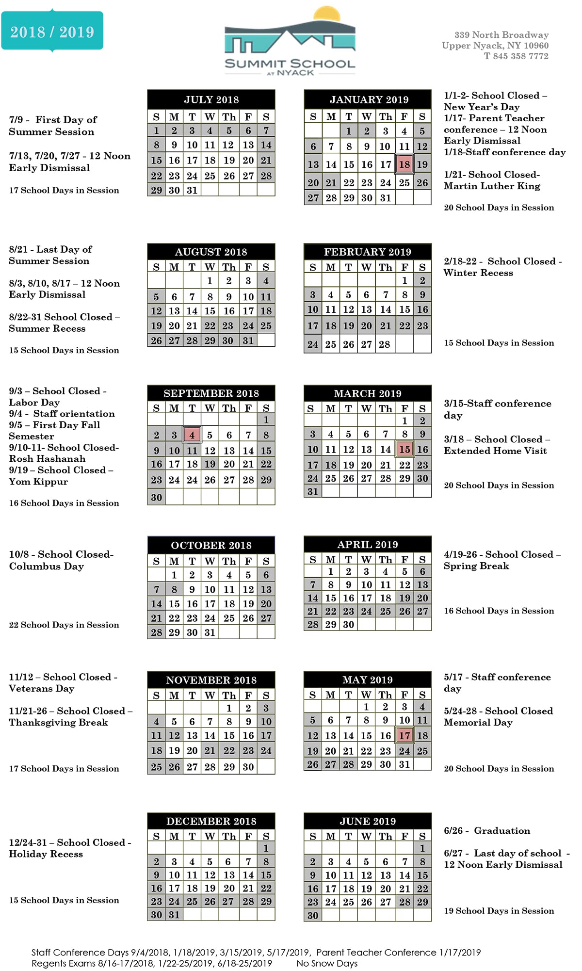 School Calendar Summit School at Nyack