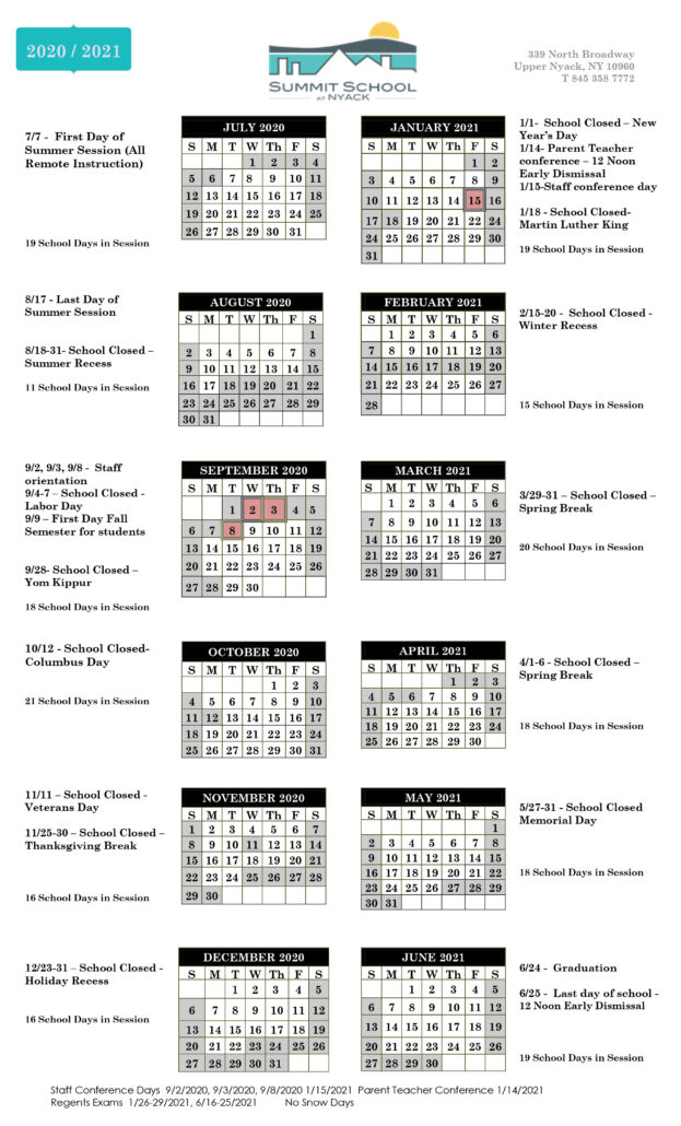 Summit School at Nyack | School Calendar